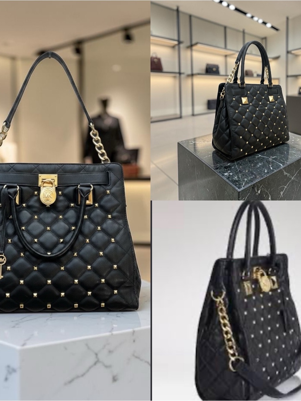 Michael Kors Hamilton Studded Quilted Leather Tote Black Gold MK Lock